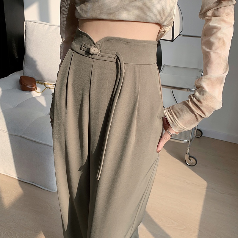 Chinese Style Buttoned Suit Pants For Women Spring Design High Waist Narrow Version Wide Leg Pants Chinese Style Casual Mopping Pants