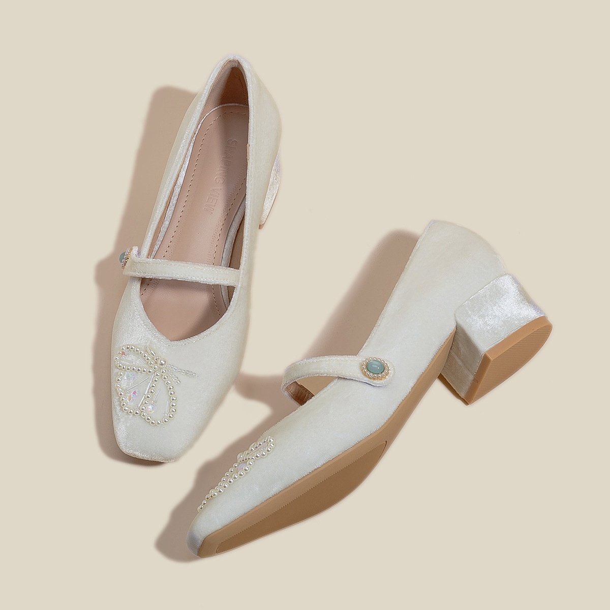 Square Head Thick Heel Mary Jane Single Shoes Spring And Summer Suede Pearl Fairy Style Gentle Chinese Cheongsam Wedding Shoes
