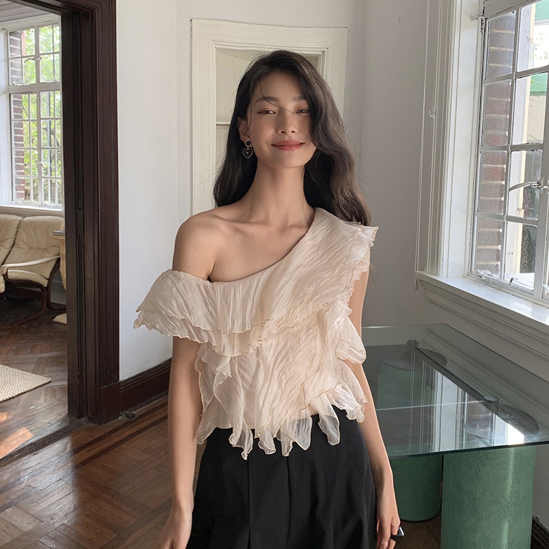Interpretation Of Beauty OPENOff-shoulder Top Summer French Style Sweet Ruffled Chiffon Blouse82570