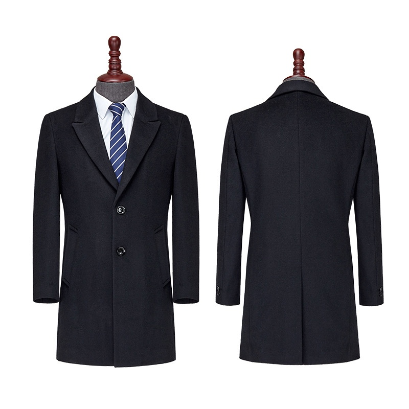 Navy Wool Coat:British-Style Mid-Length Blazer Trench Coat