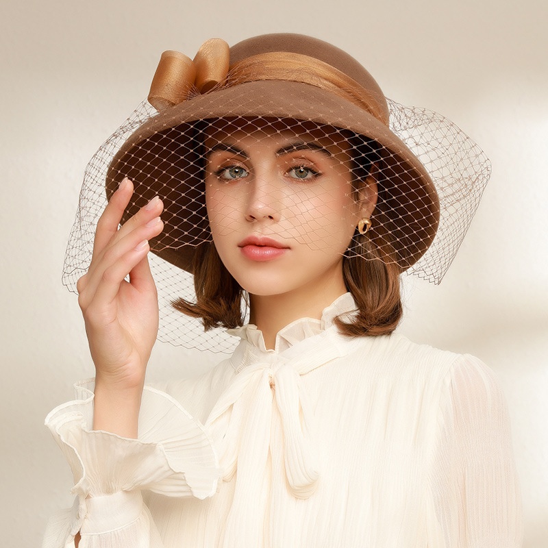 Elegant Light Luxury Wool Hat Banquet Hat Basin Hat Gauze Mesh Hat