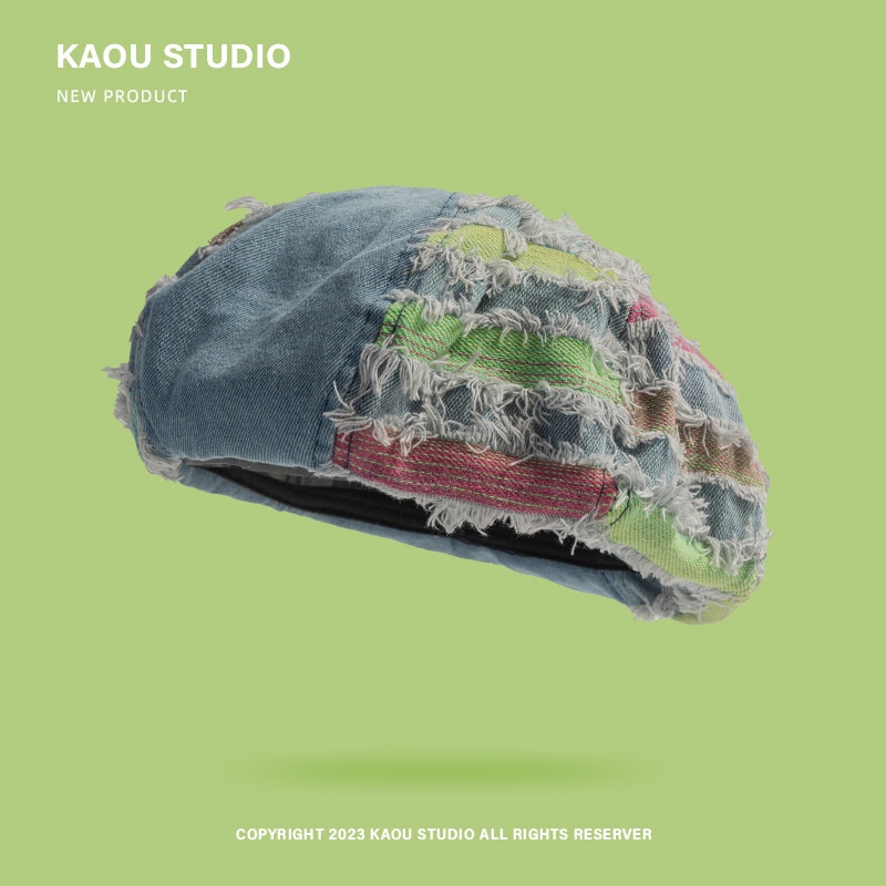 Denim Beret Hat Niche Color Stripe Old Painter Hat Celebrity Student Octagonal Hat