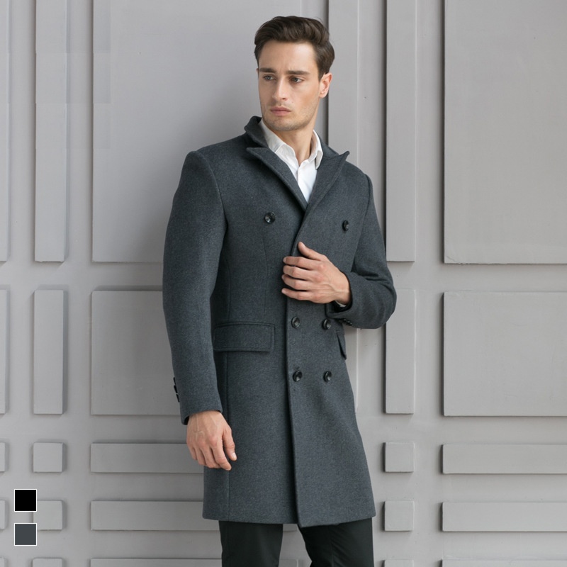 Men's Mid-Length Wool Coat:British Style Double-Breasted Casual Overcoat