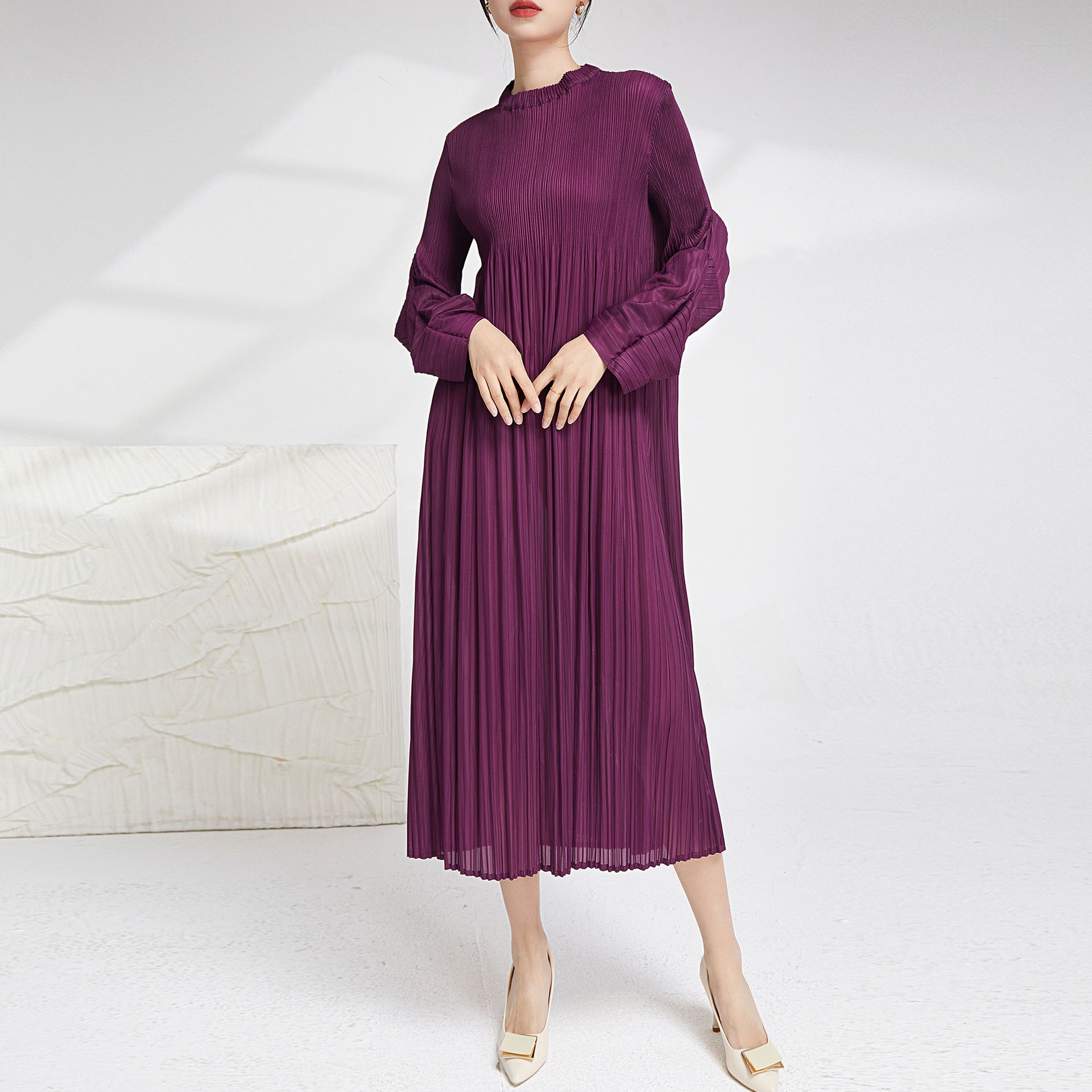 Temperament Pleated Dress Female Design Niche Loose Large Size Miyake Solid Color Puff Sleeves Stylish Long Skirt