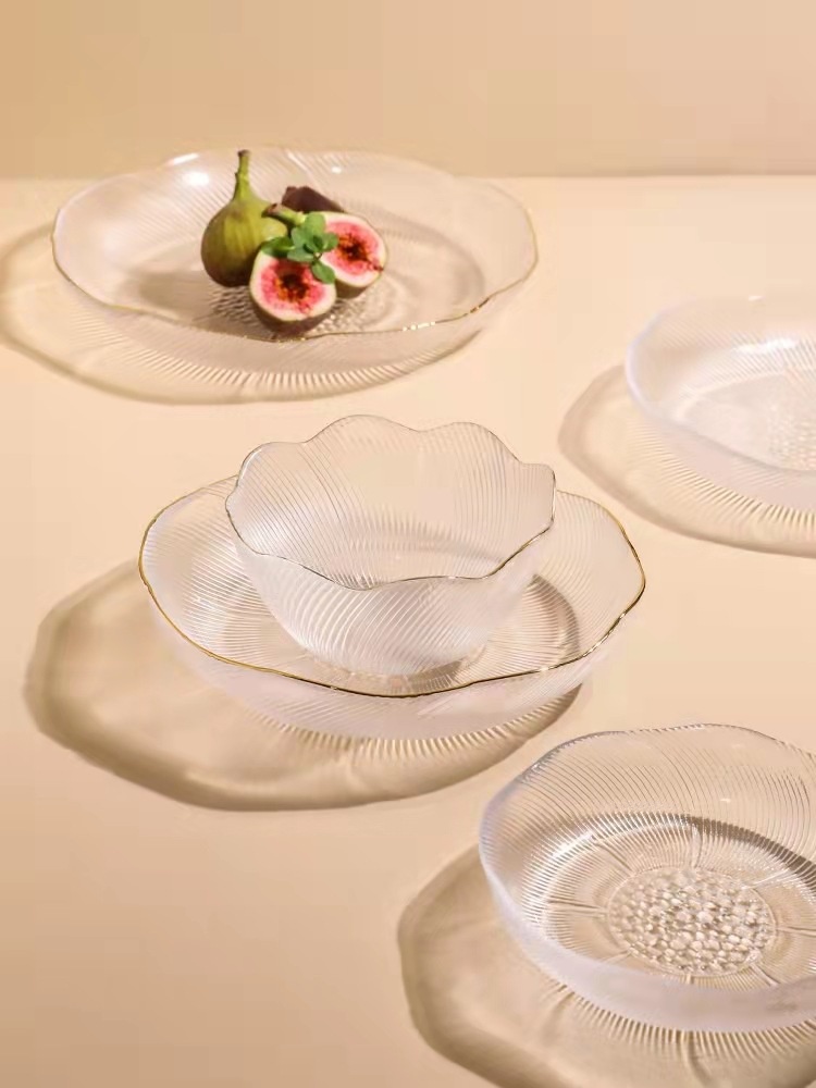 Simple Light Luxury Glass Bowl Household Set Fruit Plate Flower Language Dessert Vegetable Salad Bowl Tableware
