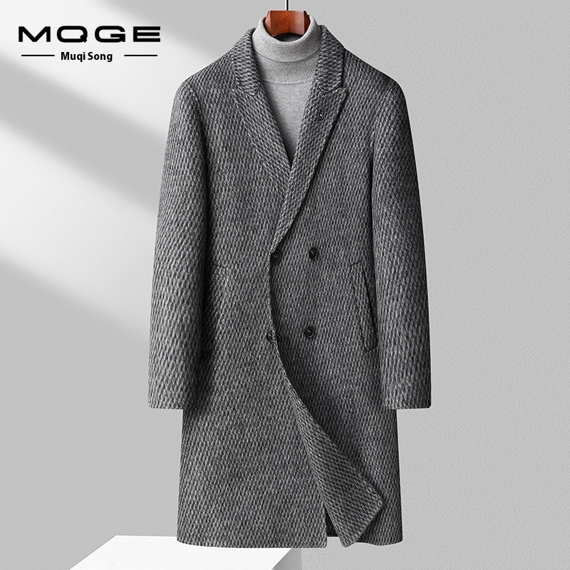 Men's Handmade Double-Sided Wool Coat:Long Overcoat,Over-the-Knee Double-Breasted Wool Trench Coat
