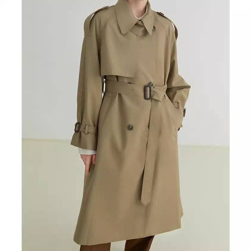 British-Style Double-Breasted Trench Coat:Loose-Fit Mid-Length Overcoat With Elegant Draping Effect