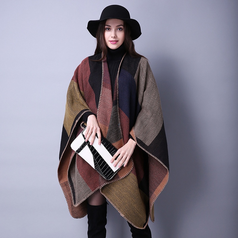 Scarf,Versatile Plaid Travel Shawl,Imitation Cashmere Ethnic Style Slit Thickened Cape