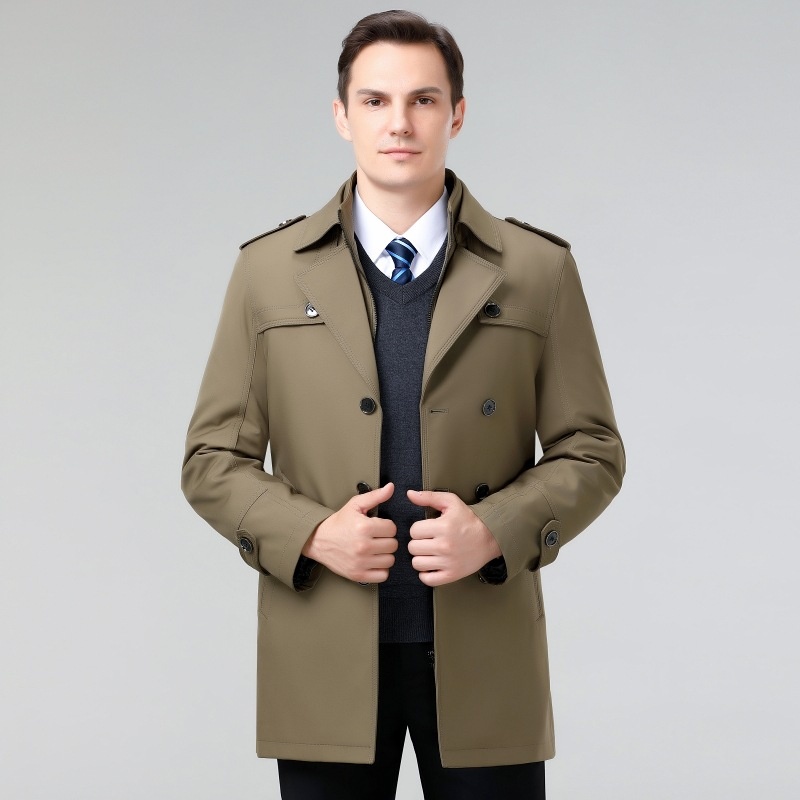 Detachable Mid-Length Trench Coat:Casual Lapel Design,Business British-Style Overcoat