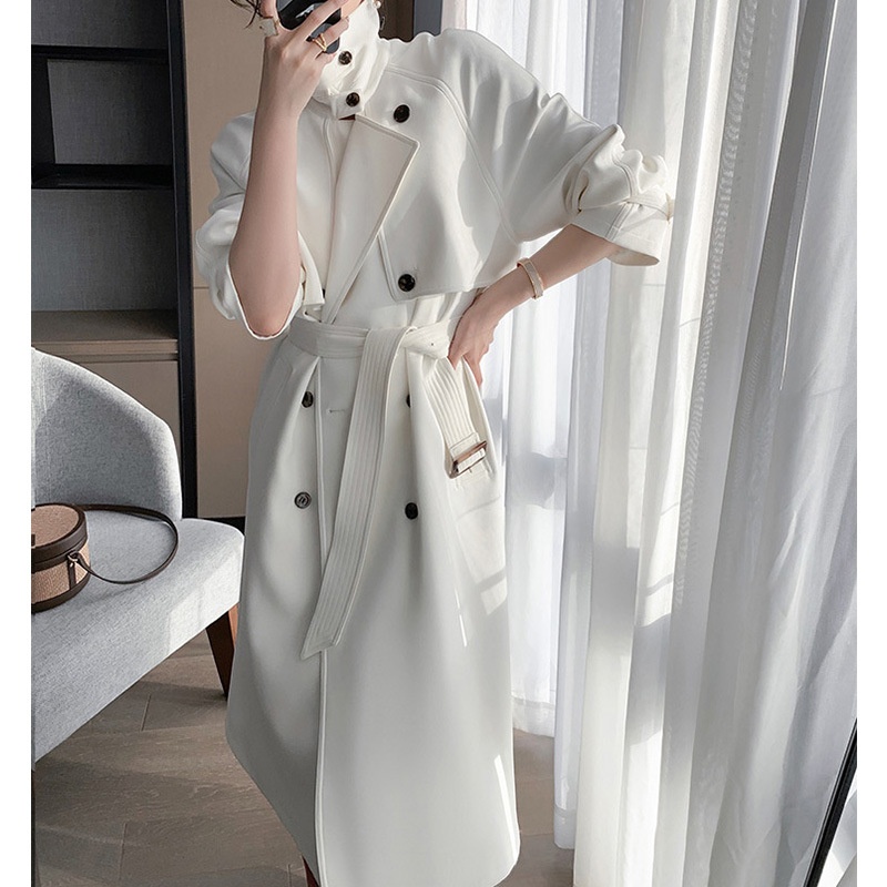 Mid-Length British-Style Trench Coat:Elegant Loose-Fit"White Moonlight"Overcoat