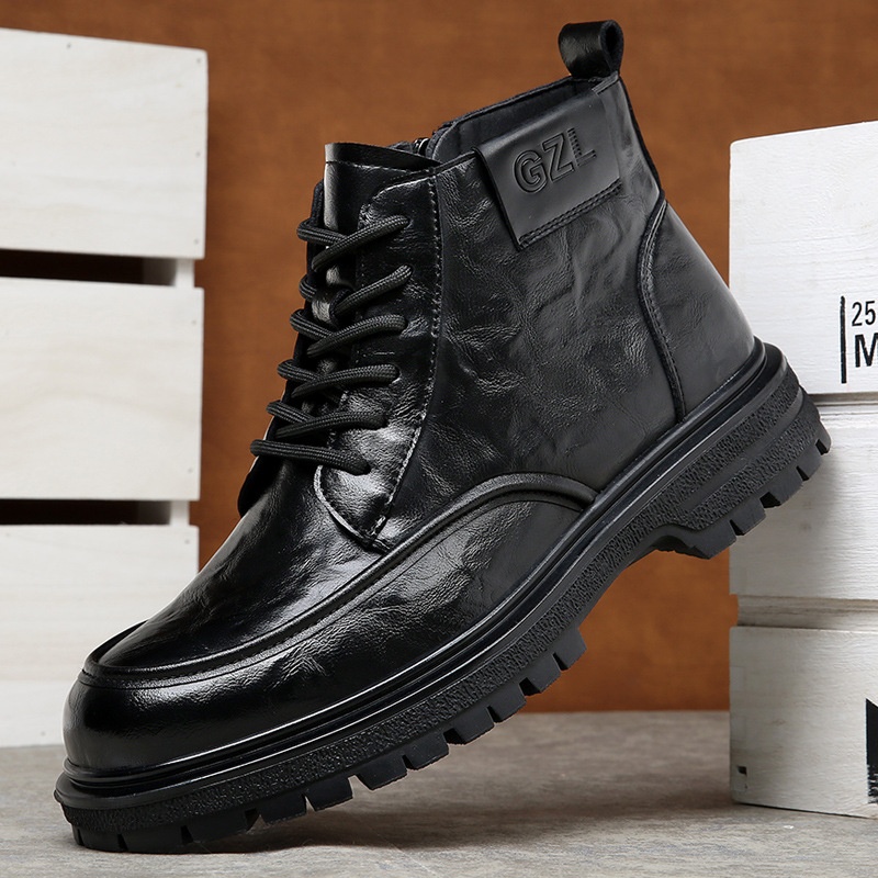 Men's Shoes Mid-cut Martin Boots Men's Workwear British Style All-match Plus Velvet High-top Leather Shoesy Short Boots