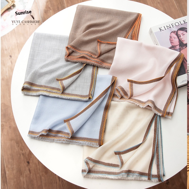 Four Seasons Wool Worsted Yarn-dyed Plaid Scarf Square Scarf Thin Sun Protection Horizontal Stripe Scarf