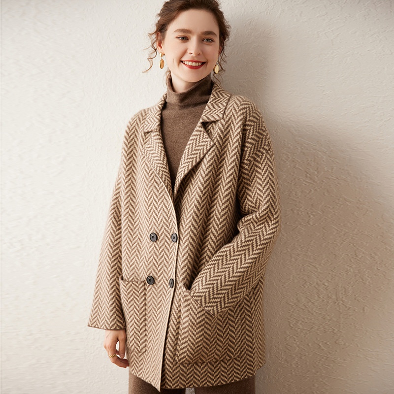 British-Style Double-Breasted Mid-Length Coat:Thickened Cashmere Overcoat