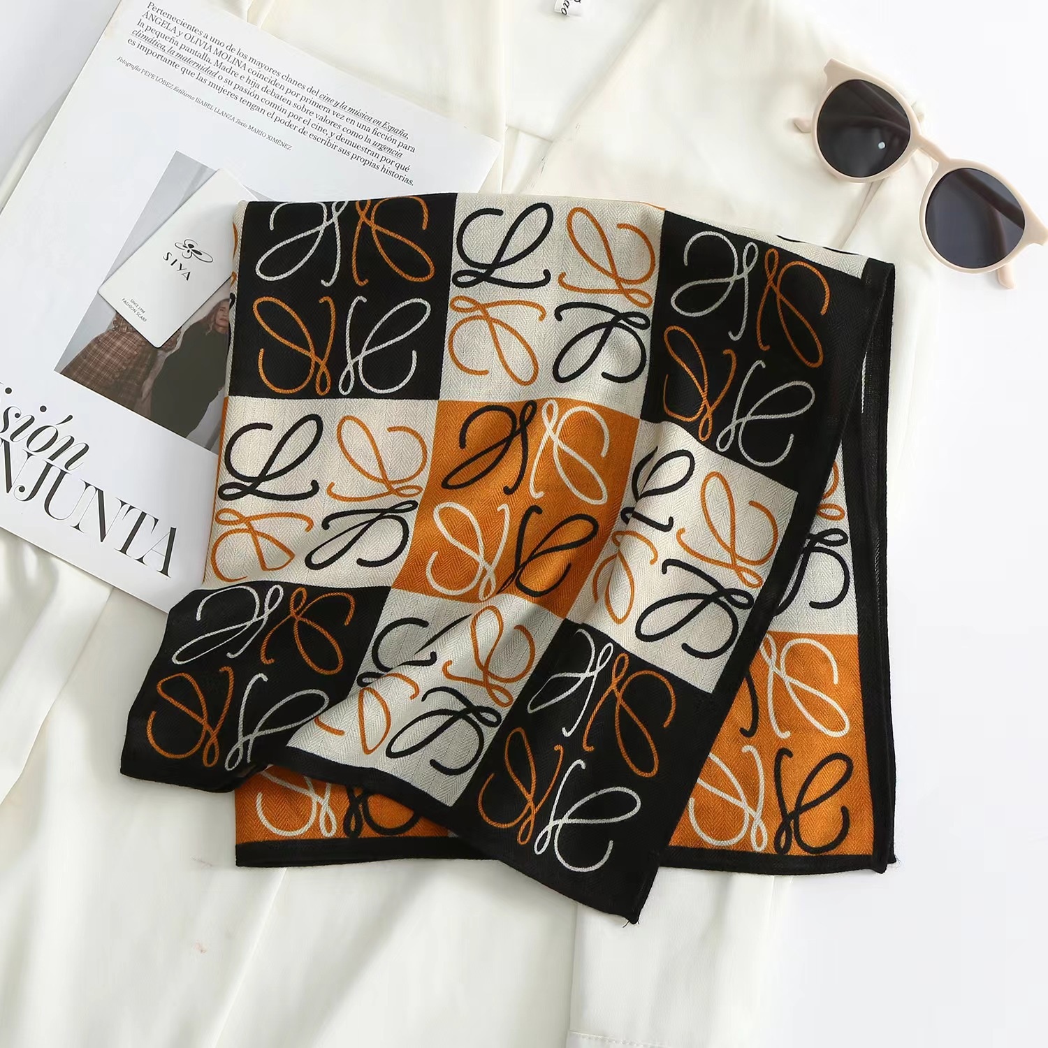 Herringbone Print Small Square Scarf Decorated With Shirt Scarf And Shawl