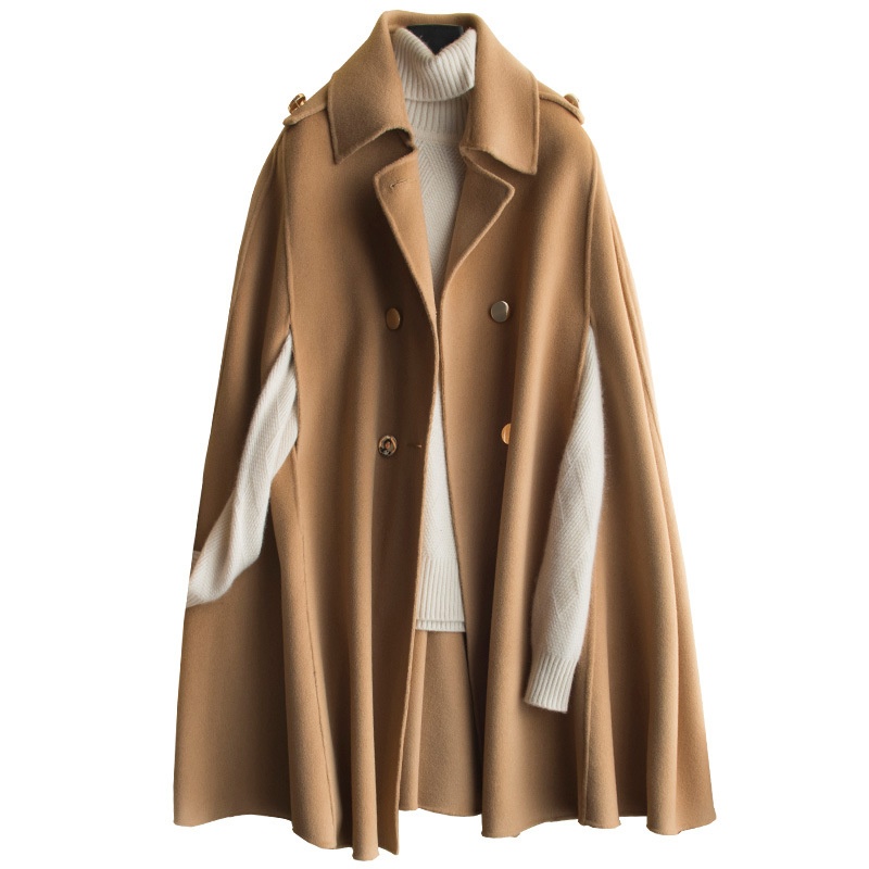 Hepburn Style Double-faced Cashmere Coat Medium-length British Style Cape Woolen Coat