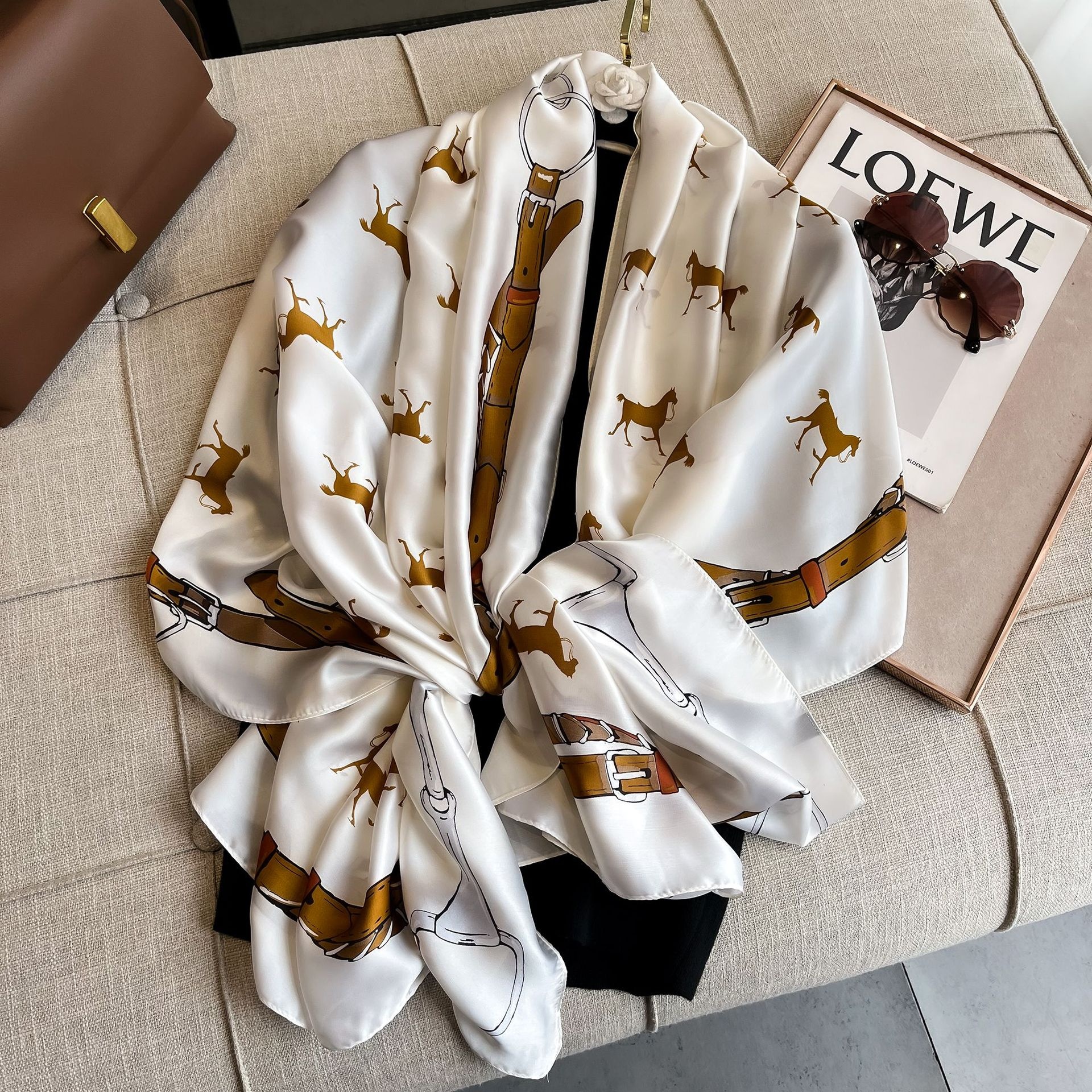 Forged Silk Scarf Korean Style Simple Versatile Beach Towel Outer Travel Shawl Printed Imitation Silk Scarf