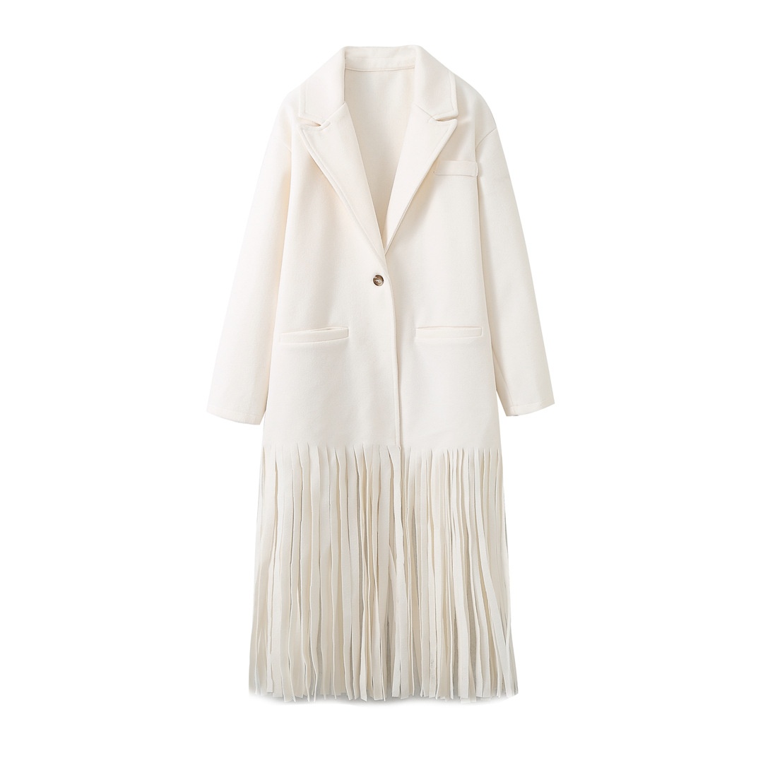 Loose-Fit Solid Color Coat With Fringe Details