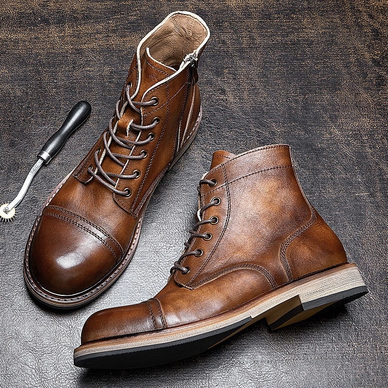 Martin Boots Men's High Top Genuine Leather Thick Bottom Soft Leather Boots Winter British Style Retro Workwear Motorcycle Boots First Layer Of Cowhide