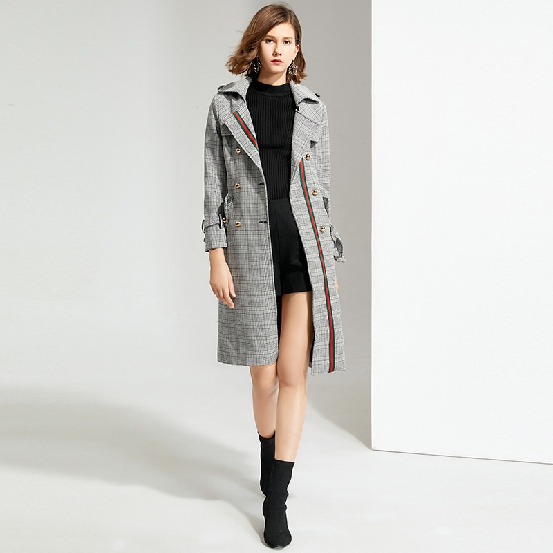 Mid-Length Plaid Trench Coat:Waist-Cinching Slim-Fit Overcoat