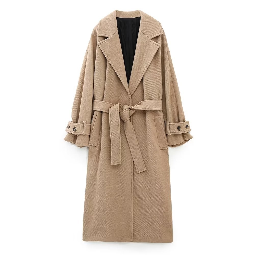 European-Style Loose-Fit Long Coat With Belt