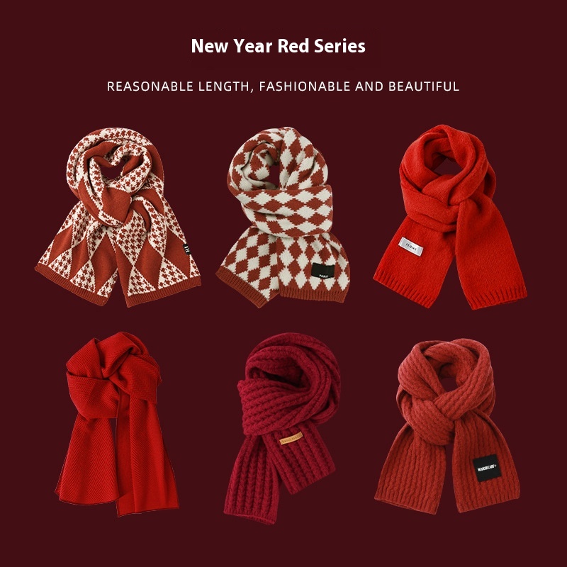 Red Christmas Knitted Scarf Winter Korean-style All-match Plaid Year's Woolen Neck Thickened Warm Student Fashion