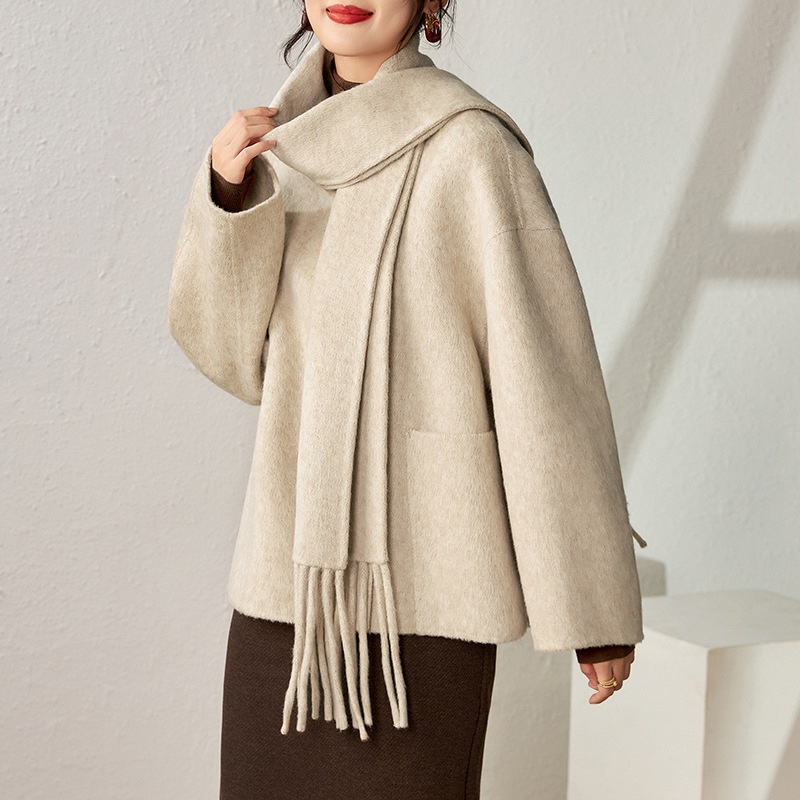 British-Style Melard Wool Double-Sided Coat:Overcoat+Scarf Two-Piece Set
