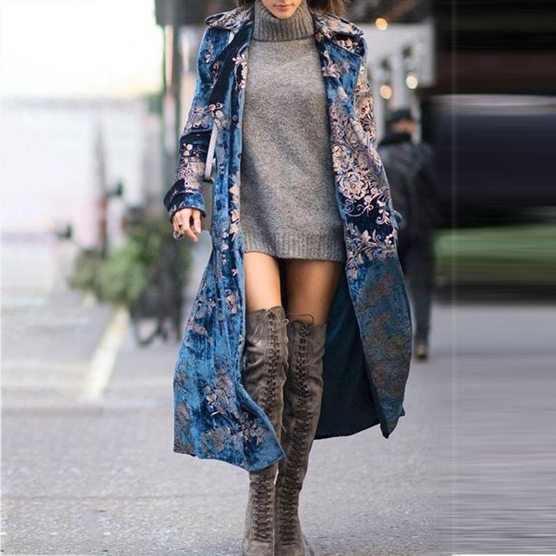 Velvet Long Cardigan:Printed Loose-Fit Coat And Trench Overcoat