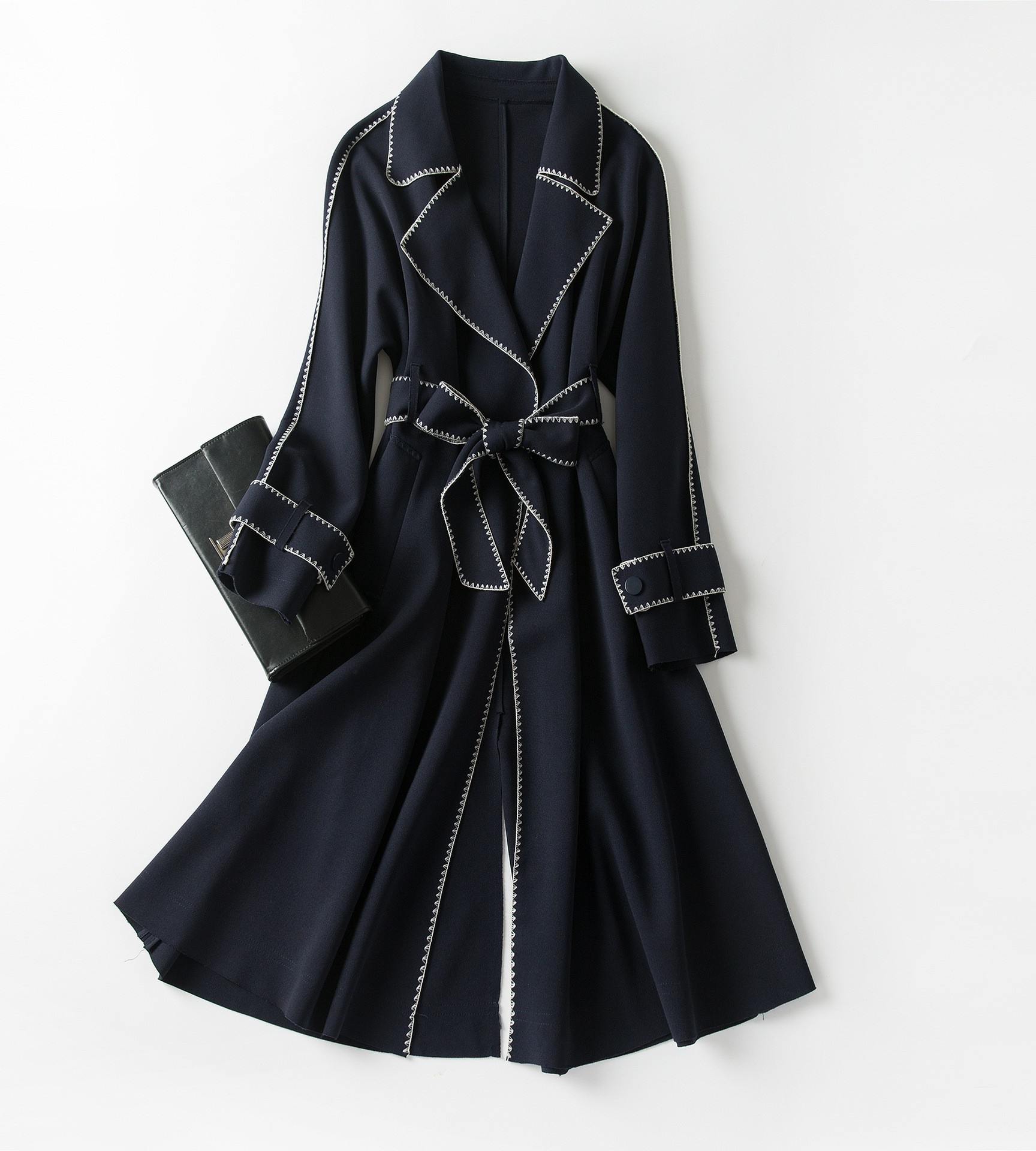 Acetic Fiber Long Trench Coat:British-Style Waist-Tied Design With Back Slit Draped Overcoat