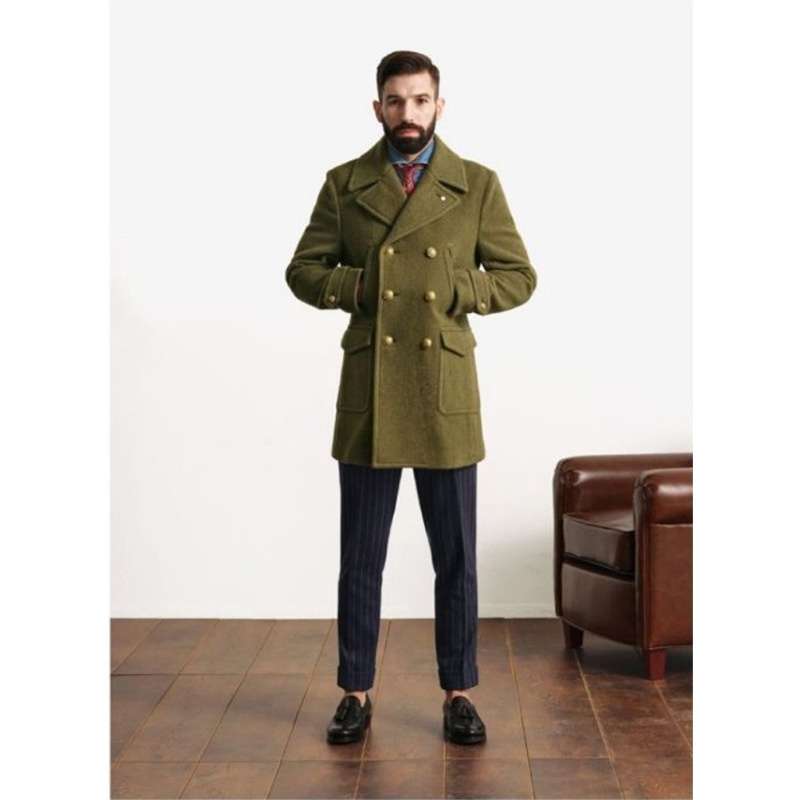Army Green Coat Button Design Long Lapel British Distinctive Woolen Coat