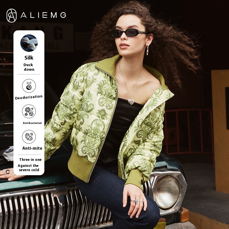 Retro Printed Waisted Silk Down Jacket For Women Winter Long-sleeved Thickened Coat Short Warm Jacket