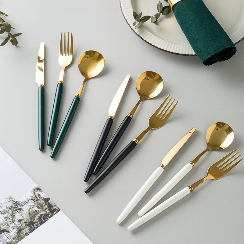 Ceramic Handle Stainless Steel Knife,Fork And Spoon Nordic Light Luxury Long Ice Coffee Fruit Dessert Spoon Household Western Tableware Set