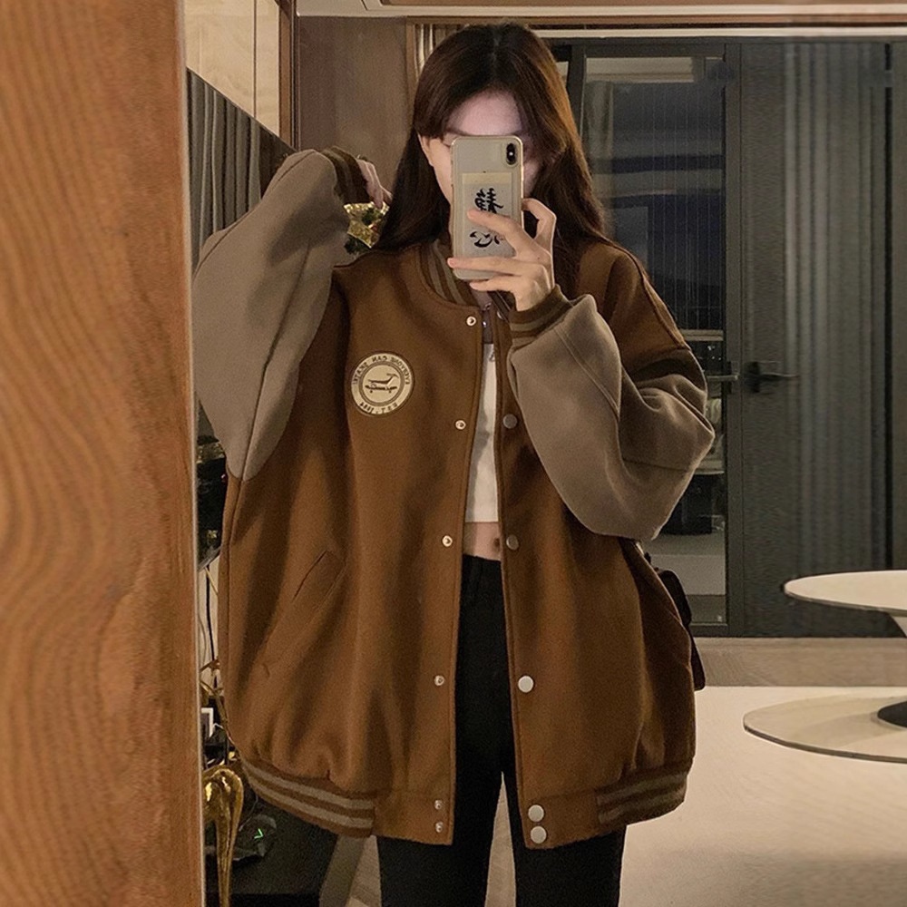 American Retro Loose Brown Jacket Baseball Jacket Female Spring And Autumn Oversize Top