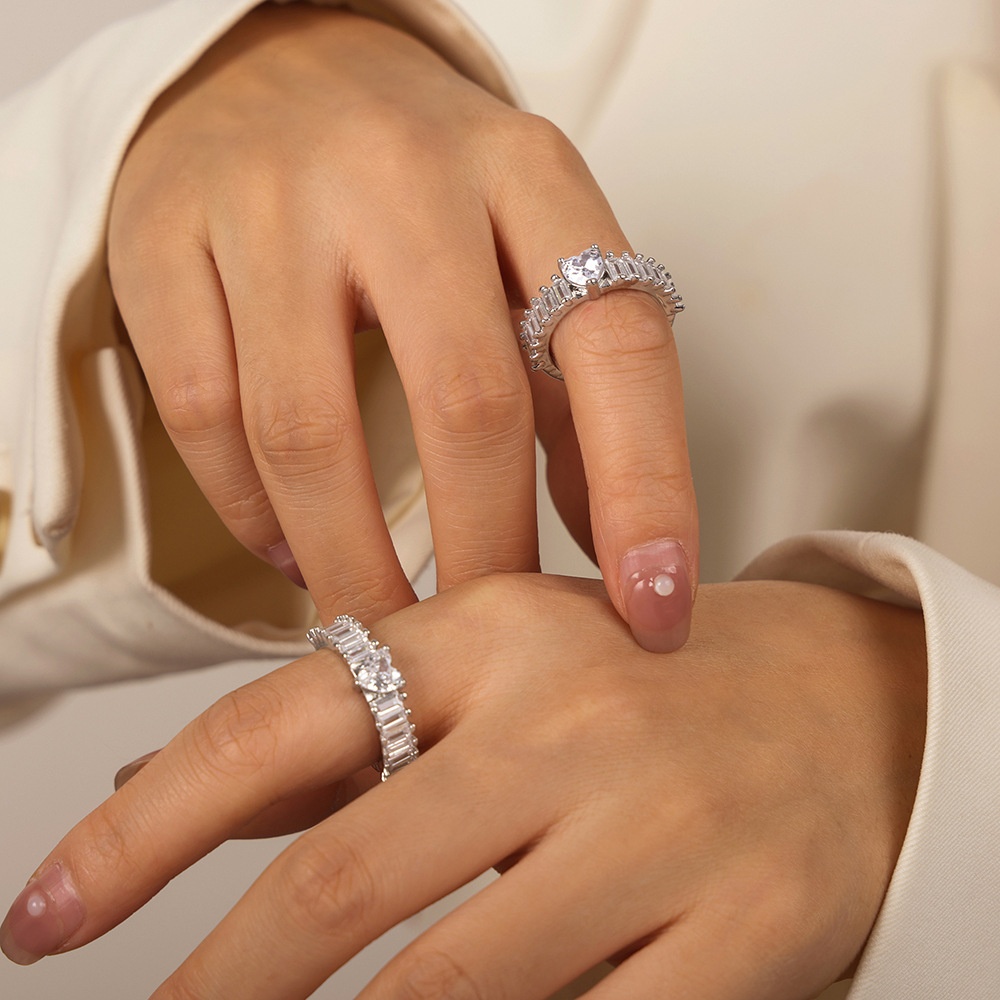 Geometric Jewelry,Inlaid With Zircon Heart Design,Copper Material Open Ring