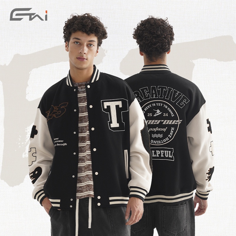 ETAIMen's Clothing|Americany Baseball Jacket,High-quality Contrast Color Stitching Fleece Embroidery Jacket