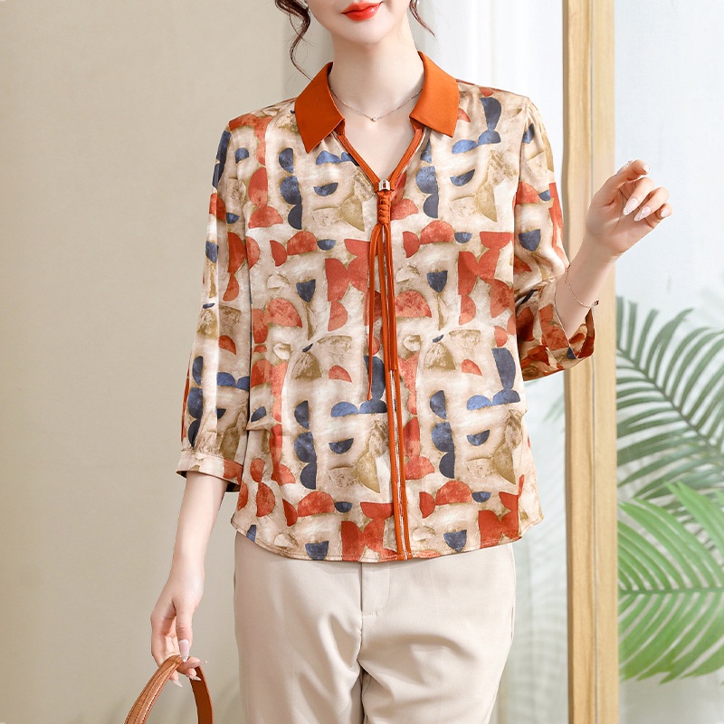 Style Mother's Shirt Western-style Printed Mother's Spring Dress Three-quarter Sleeve Top Hefu Women's Clothing FEX802