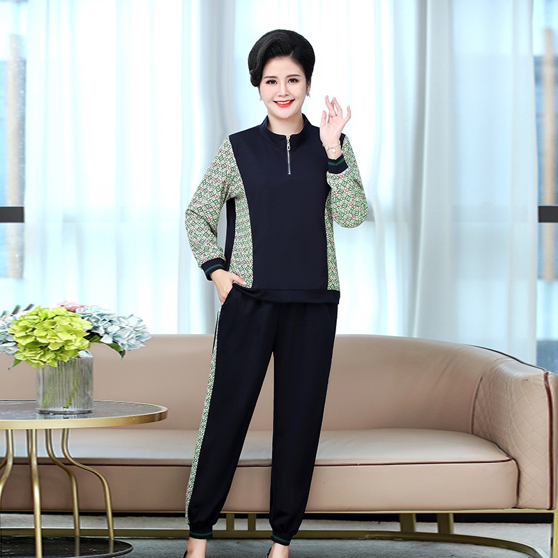 240 Catties Middle-aged And Elderly Plus Size Autumn Long-sleeved Suit Fat Mother Dress Cover Meat Extra Large Size Top Two-piece Suit