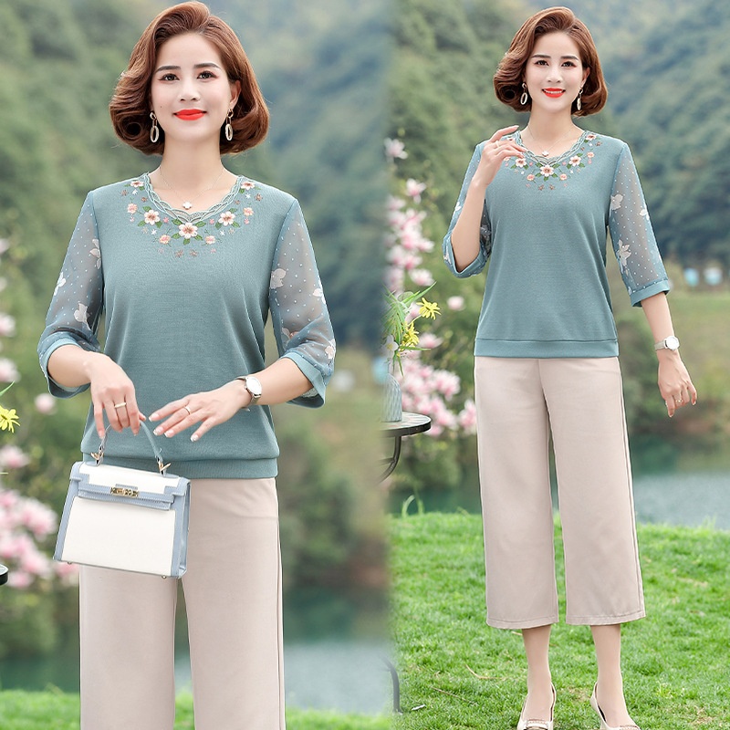 Young Mother Summer Three-quarter Sleeves Printed T-shirt40-50 Middle-aged And Elderly Clothing Age-reducing Western-style Tops And Shirts