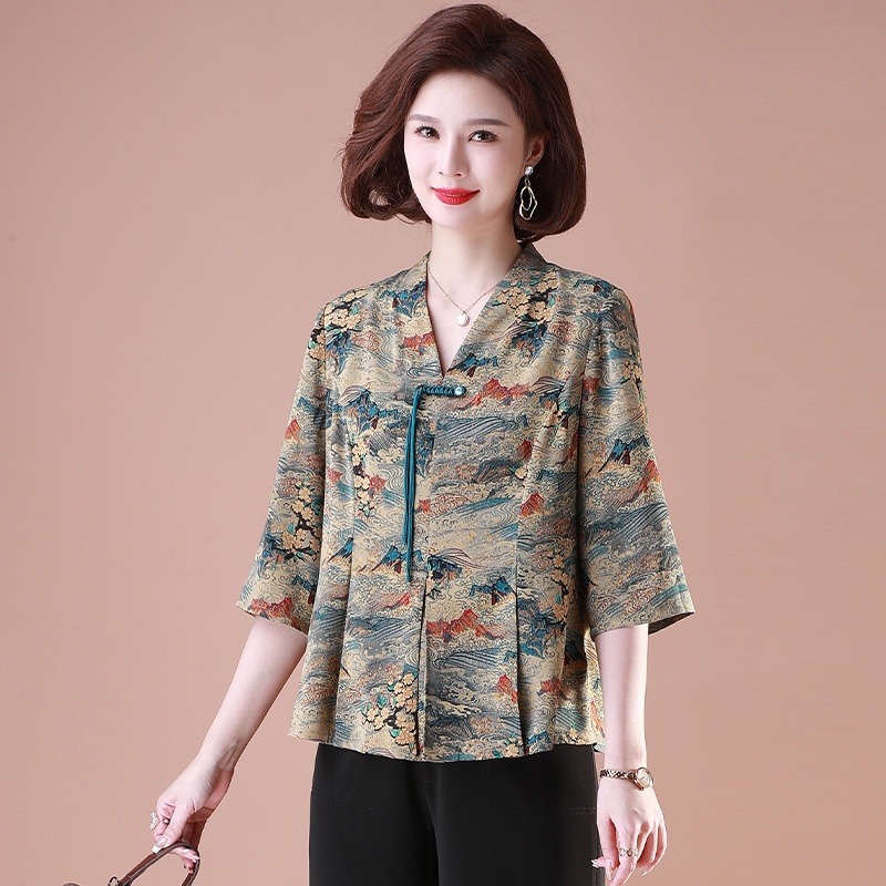 Mother's Summer National Style Temperament Three-quarter Sleeve Shirt Middle-aged And Elderly Women's Loose Xiangyun Yarn Top