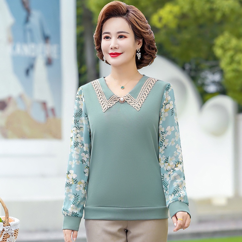 Mom's Long-sleeved Shirt For Women Spring And Autumn Tops Western-style Middle-aged And Elderly T-shirts Loose Bottoming Knitted Shirts