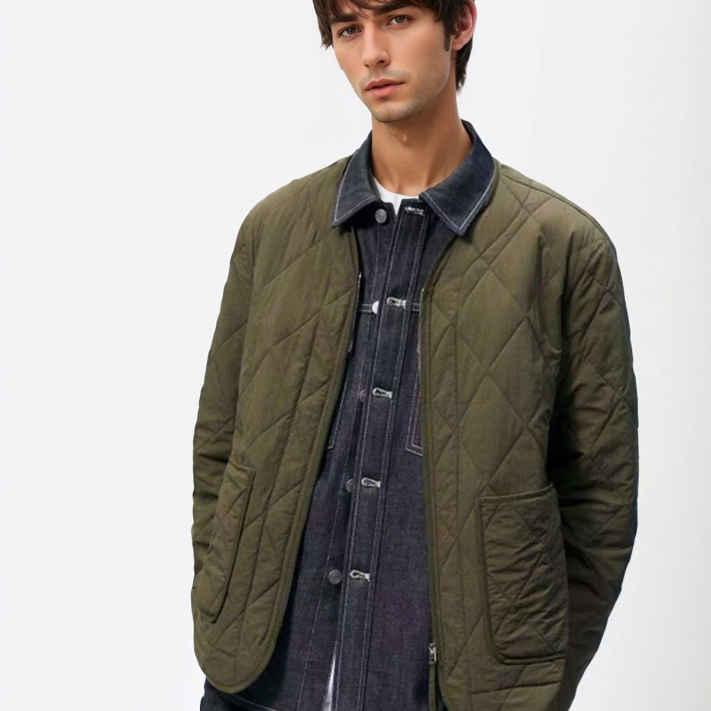 Original-Men's Army Green Black Simple Diamond Zipper Short Thin Cotton Coat Jacket Quilted