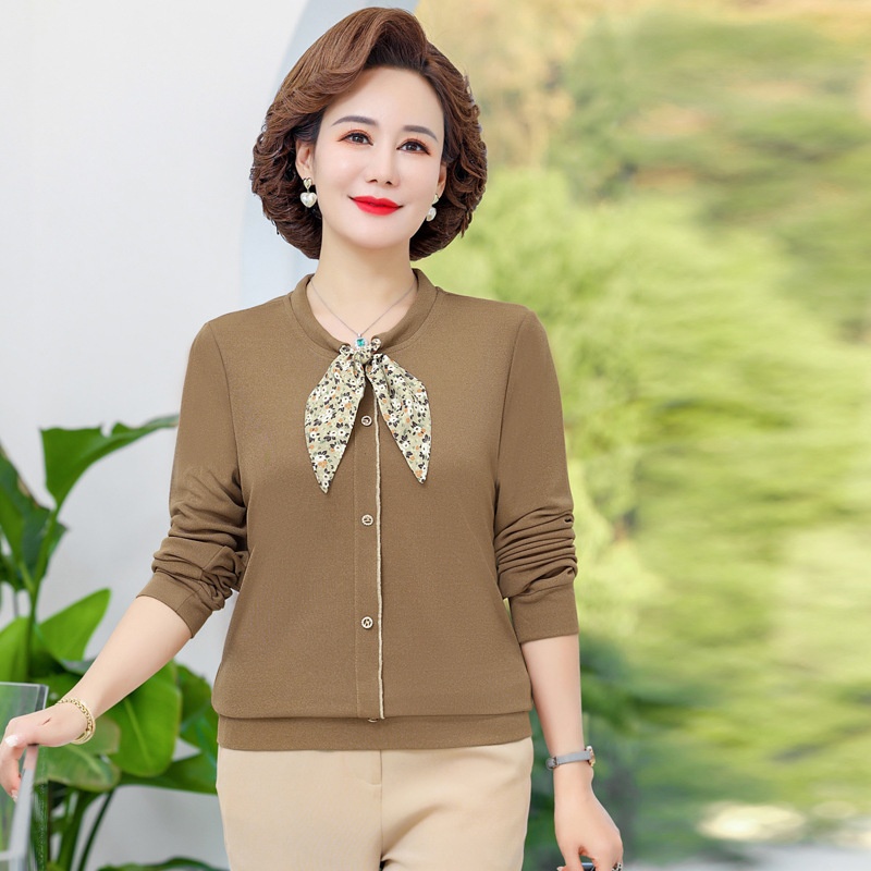 Mom Stylish Long-sleeved T-shirt Middle-aged Women's Spring Bottoming Top Middle-aged And Elderly Age-reducing Lace-up Knitted Shirt