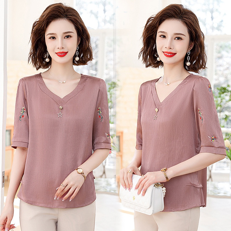 Mom's Summer V-neck Short-sleeved Tops Middle-aged And Elderly Mother-in-law Cool Drape Shirt Embroidery Women