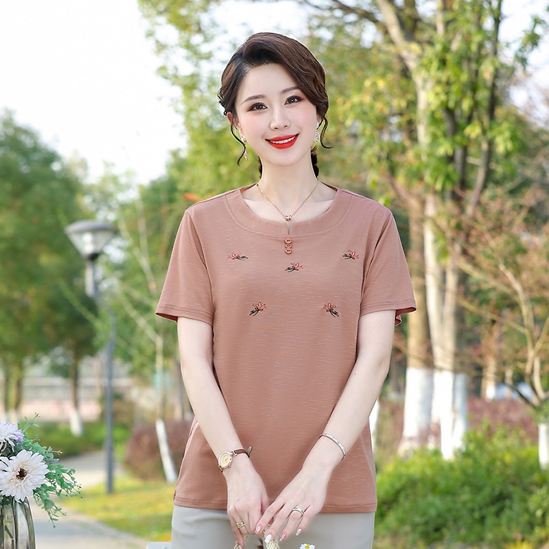 Middle-aged And Elderly Women's Summer Fashionable Short-sleeved Loose Mother's Dress50 Years Old Half-sleeved Elastic Fashion Small Shirt Top