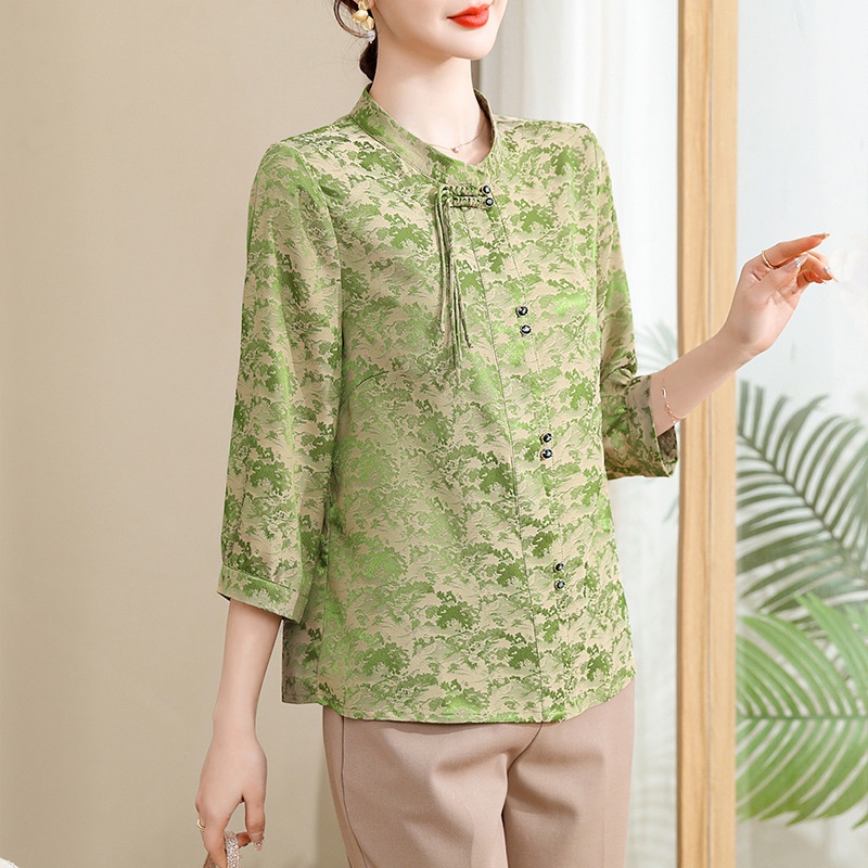 Style Mother's Shirt Buttoned Cardigan Western-style Printed Middle-aged And Elderly Mother's Summer Dress Three-quarter Sleeve Top FEX804