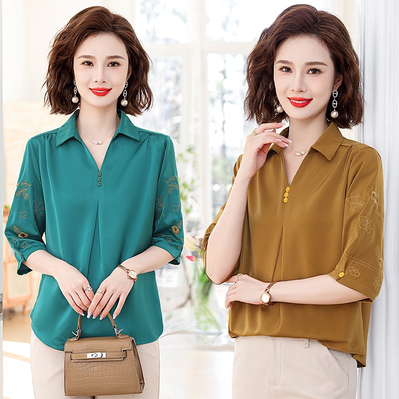 Middle-aged And Elderly Mothers Spring Clothes Tops Chiffon Shirts Ladies Summer Thin Mid-sleeve Fashionable Shirts