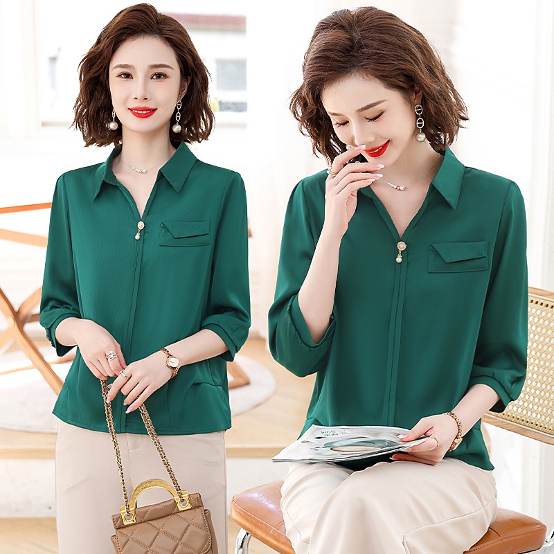 Middle-aged And Elderly Women's Spring And Summer Clothing Mid-sleeve Loose Tops Mother Summer Short-sleeved Stylish Satin Shirt Small Shirt