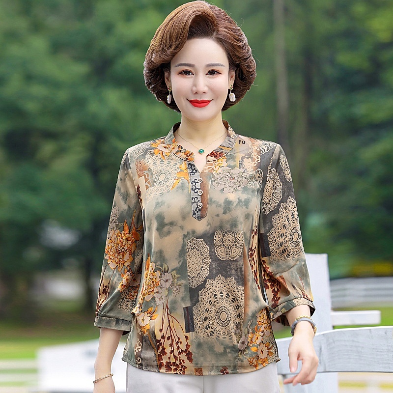Mother Spring And Autumn Mid-sleeve Tops Middle-aged And Elderly Women's Spring And Summer Chiffon Shirts Ice Silk Western-style Shirts