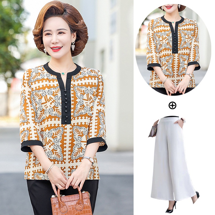 Middle-aged Mother Spring And Summer Mid-sleeve T-shirt Chiffon Blouse Ethnic Style Temperament Middle-aged And Elderly Women's Summer Tops