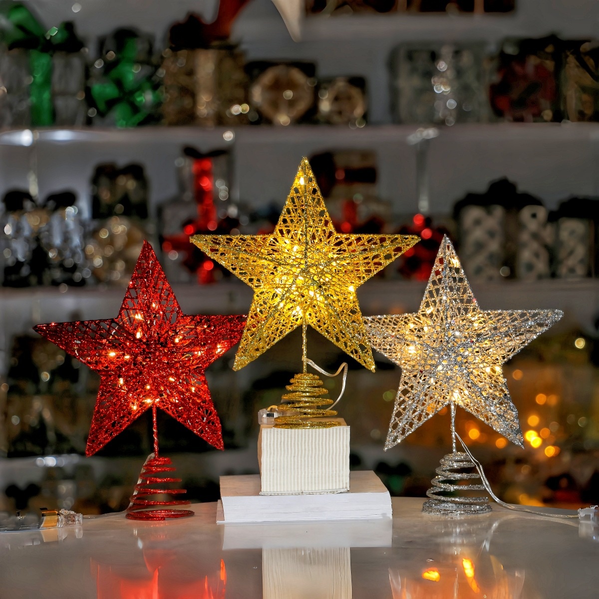 Christmas Tree Top Star:Glittered Iron Art Five-Pointed Star With Lights,Holiday Decoration Ornament