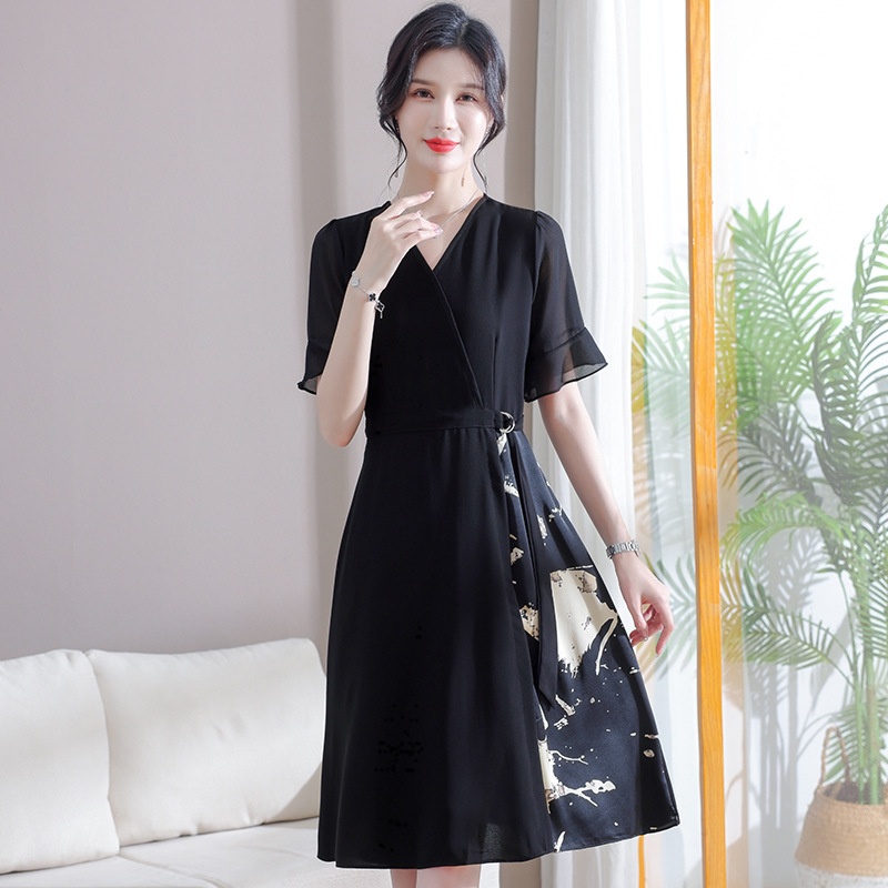 Summer Large Size Fat Mother Dress Design Sense Color Matching Print Temperament Medium Long Dress